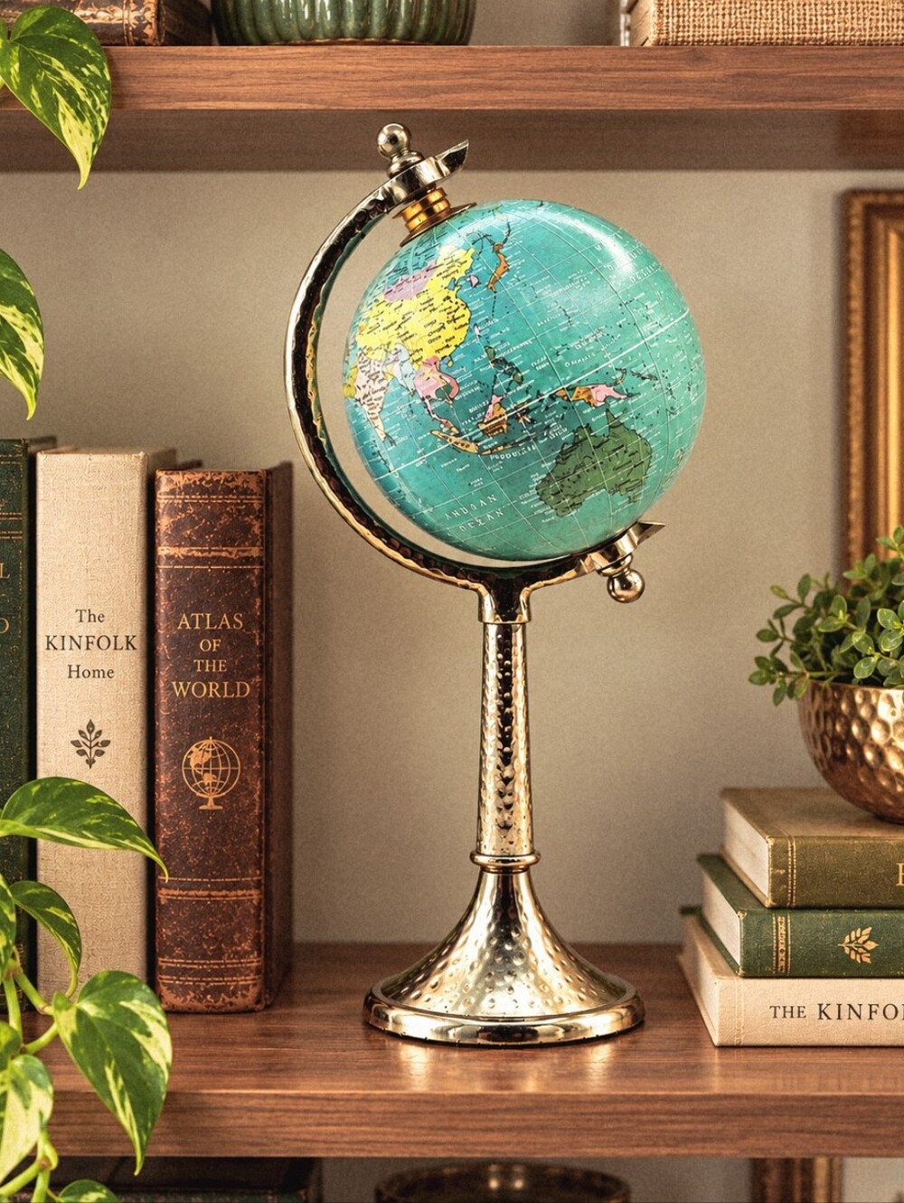 Decorative Tall Teal Blue Globe on a Silver Hammered Stand